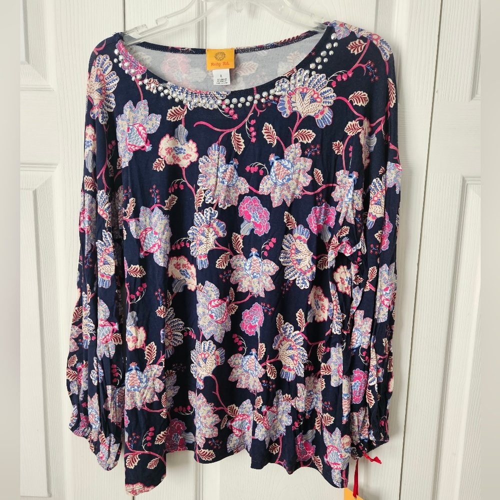 Sz Large Ruby Rd navy floral print tunic top New